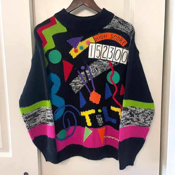 Rare C.S.L. Cherry Stix Retro 80s 90s Women's Knit Sweater High Score Top Size M - Picture 2 of 7